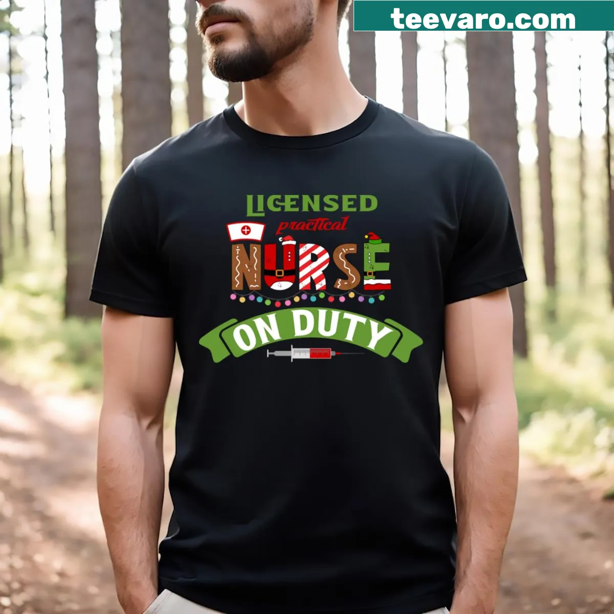 Funny Christmas nurse t-shirt with humorous pun quote — on a men's t-shirt