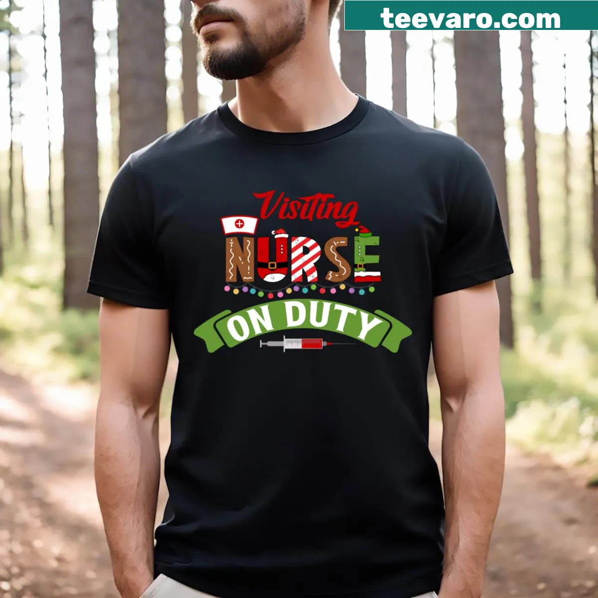Funny Christmas visiting nurse t-shirt with playful pun — on a men's t-shirt