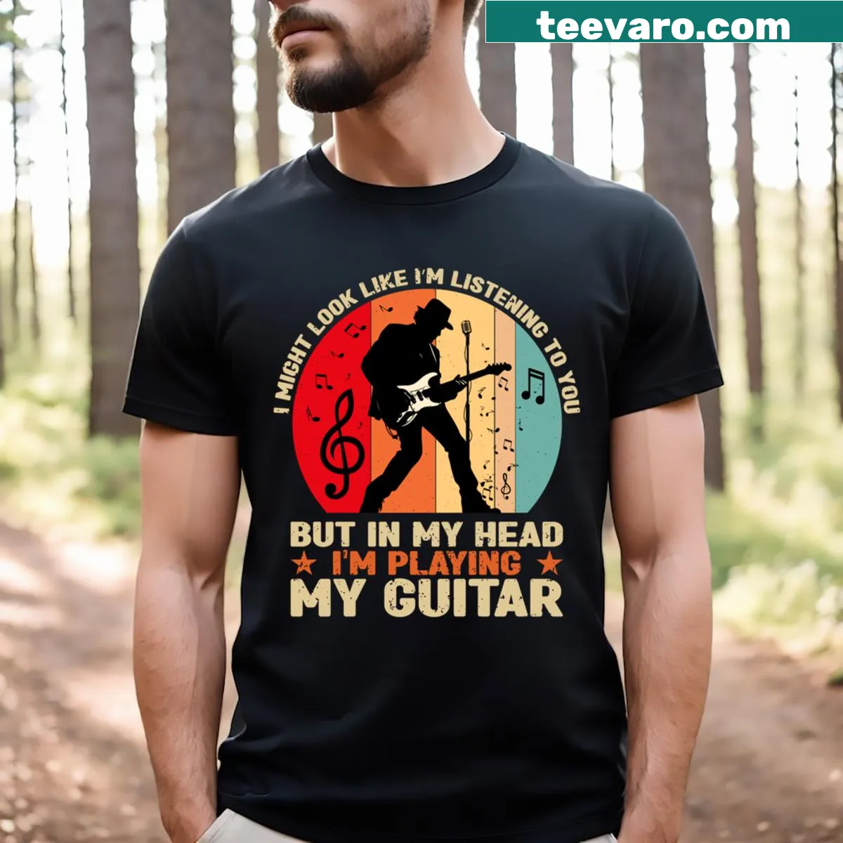 Vintage-style t-shirt featuring a whimsical guitar player design — on a men's t-shirt