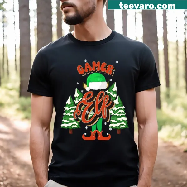 Playful Gamer Elf T-shirt with gaming elements and Christmas theme