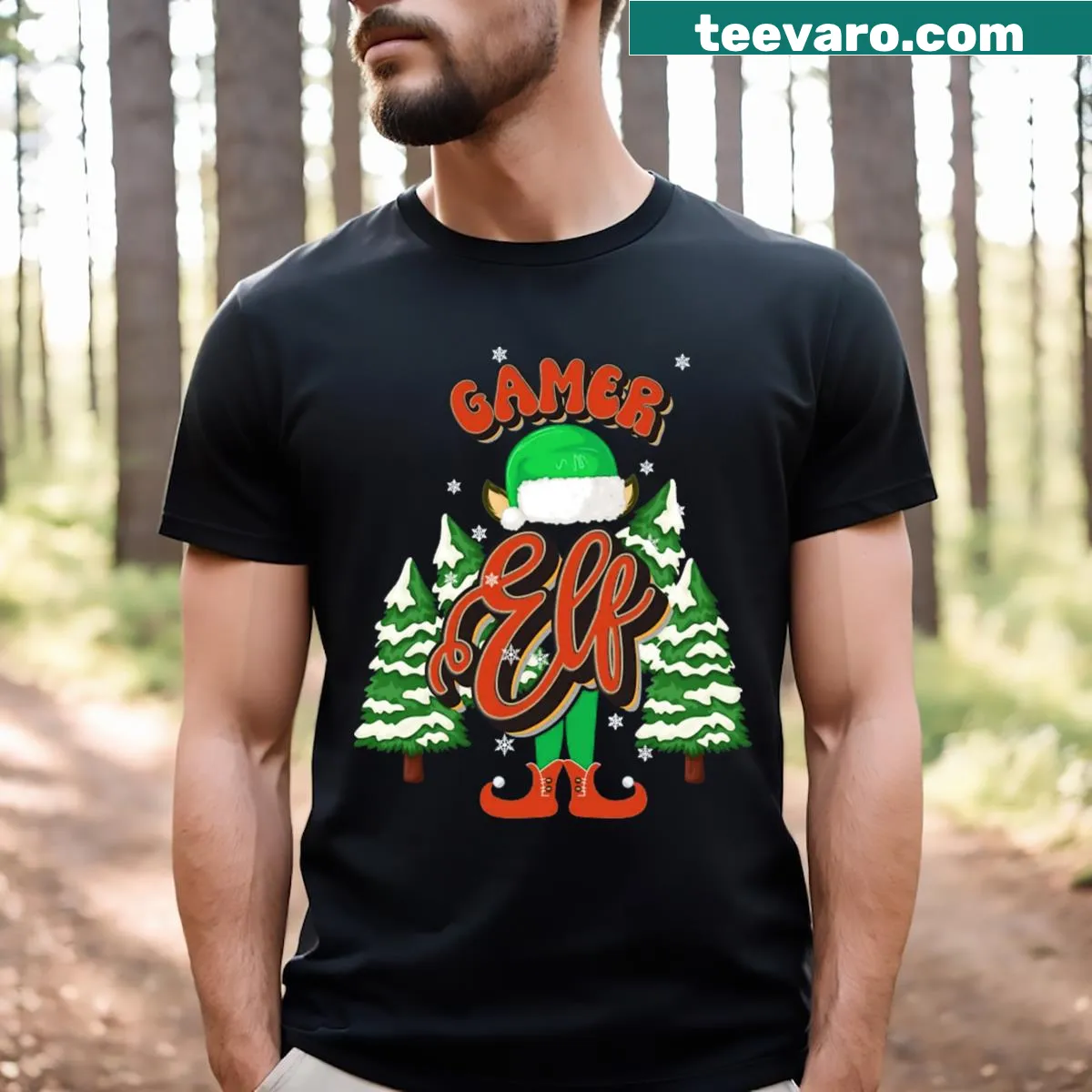 Playful Gamer Elf T-shirt with gaming elements and Christmas theme — on a men's t-shirt
