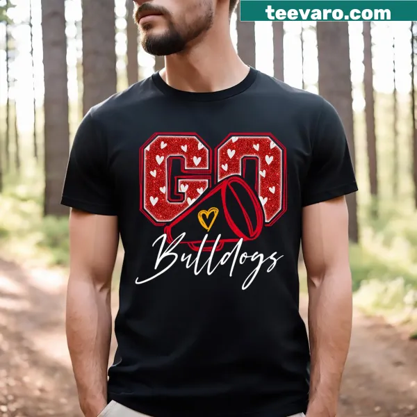 Bold 'Go Cheer Bulldogs' typography sports t-shirt.