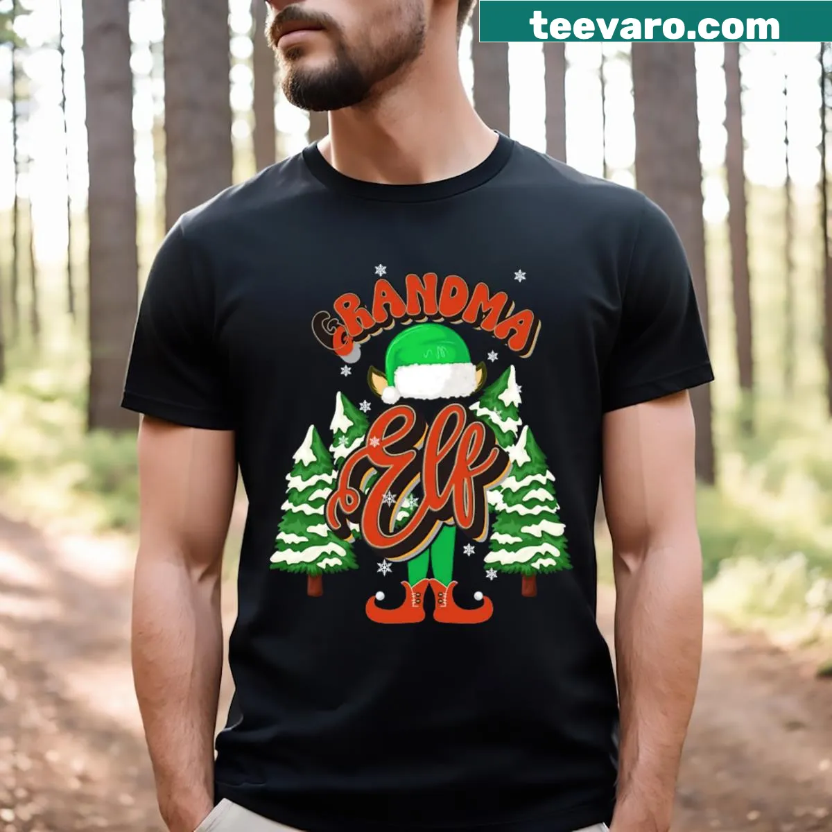Cute Grandma Elf Christmas t-shirt for festive spirit. — on a men's t-shirt