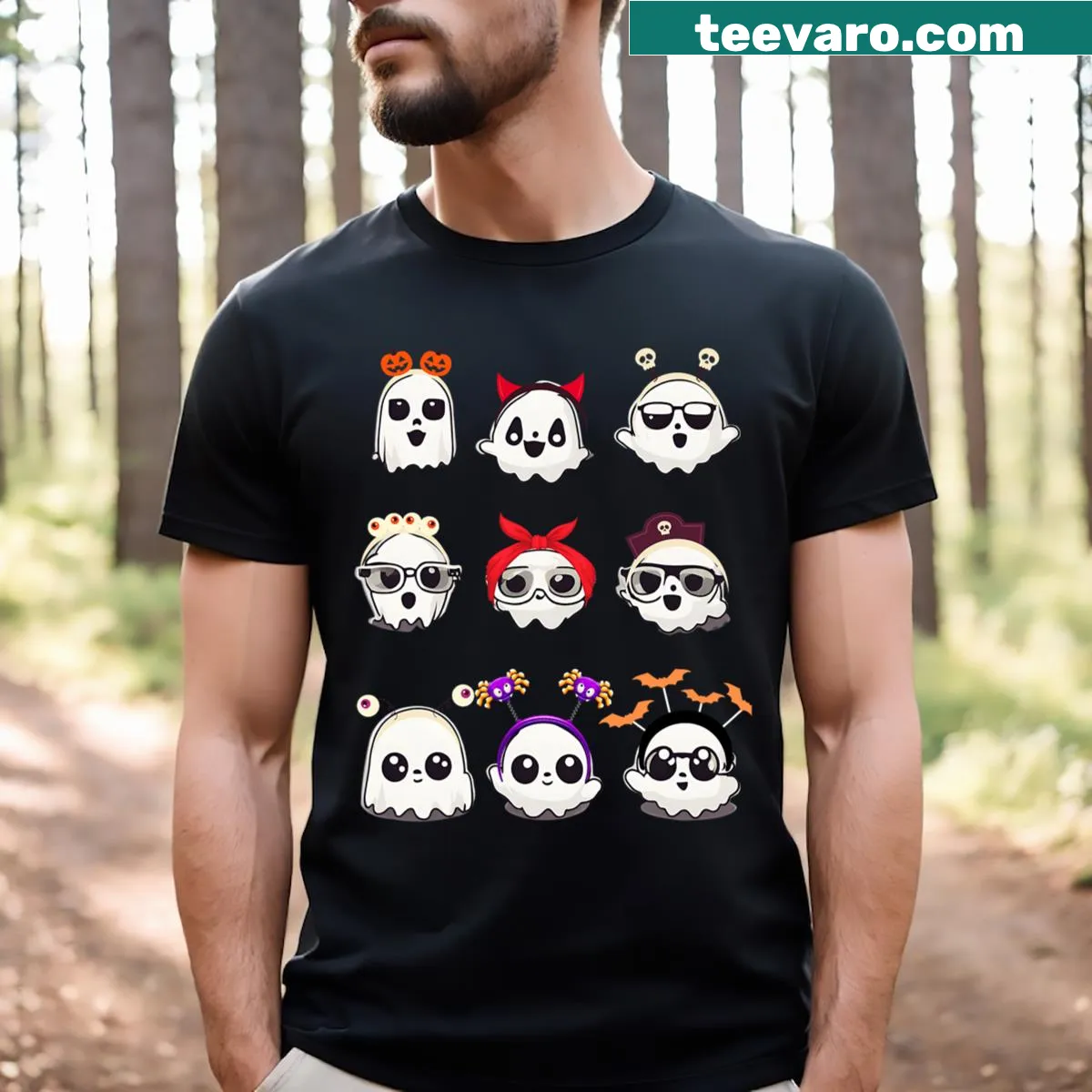Adorable kids Halloween t-shirt with ghost wearing glasses — on a men's t-shirt