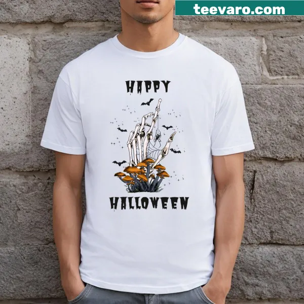 Cartoonish skeleton hand design on Halloween T-shirt