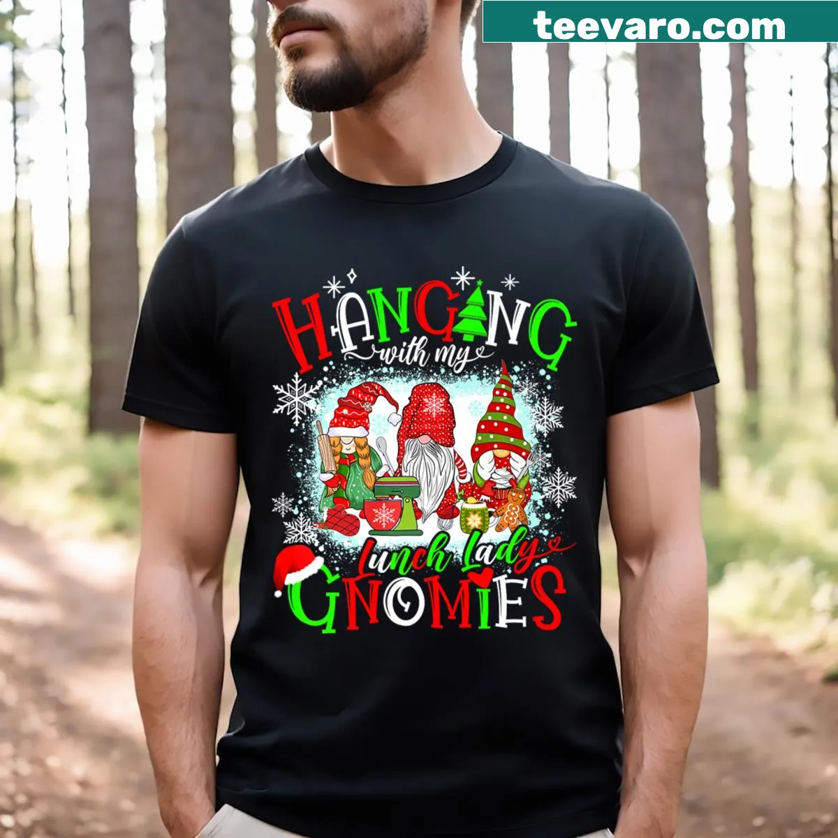 Cute Christmas T-shirt with gnomes in a tie-dye style — on a men's t-shirt