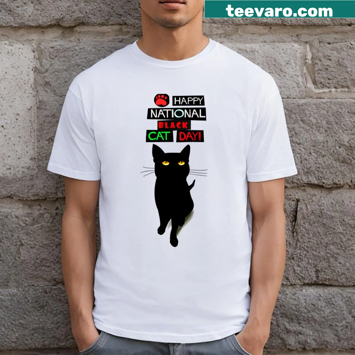 Funny black cat T-shirt with playful text design — on a men's t-shirt