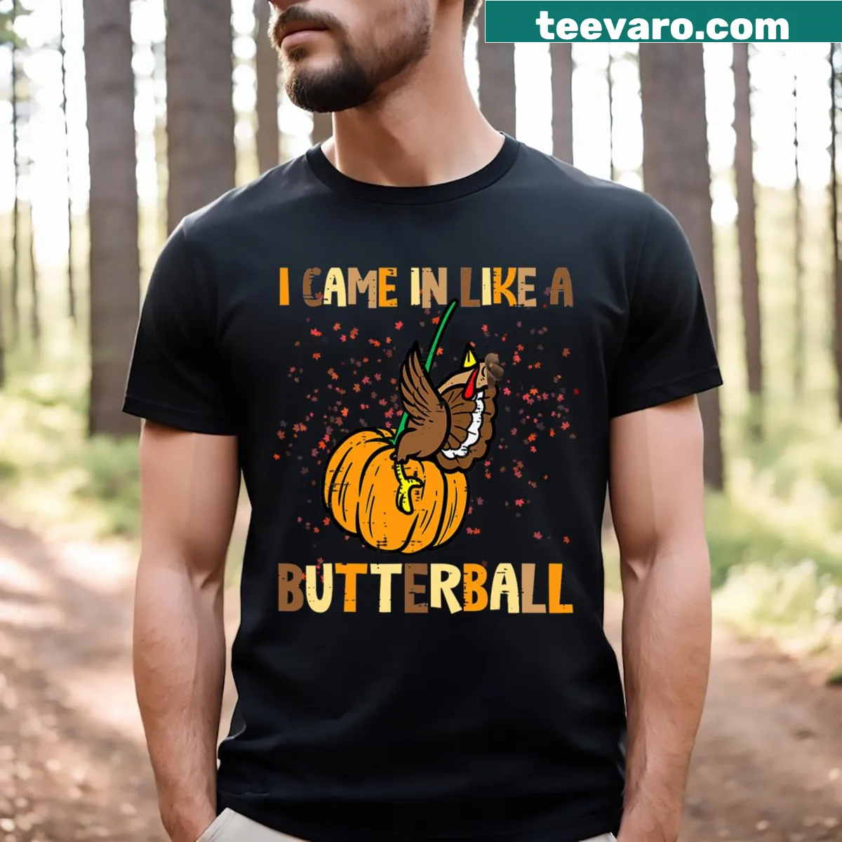 Funny Thanksgiving turkey graphic t-shirt — on a men's t-shirt