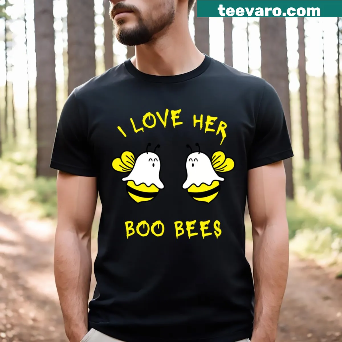 Matching couple Halloween t-shirts with cute Boo Bees graphic — on a men's t-shirt