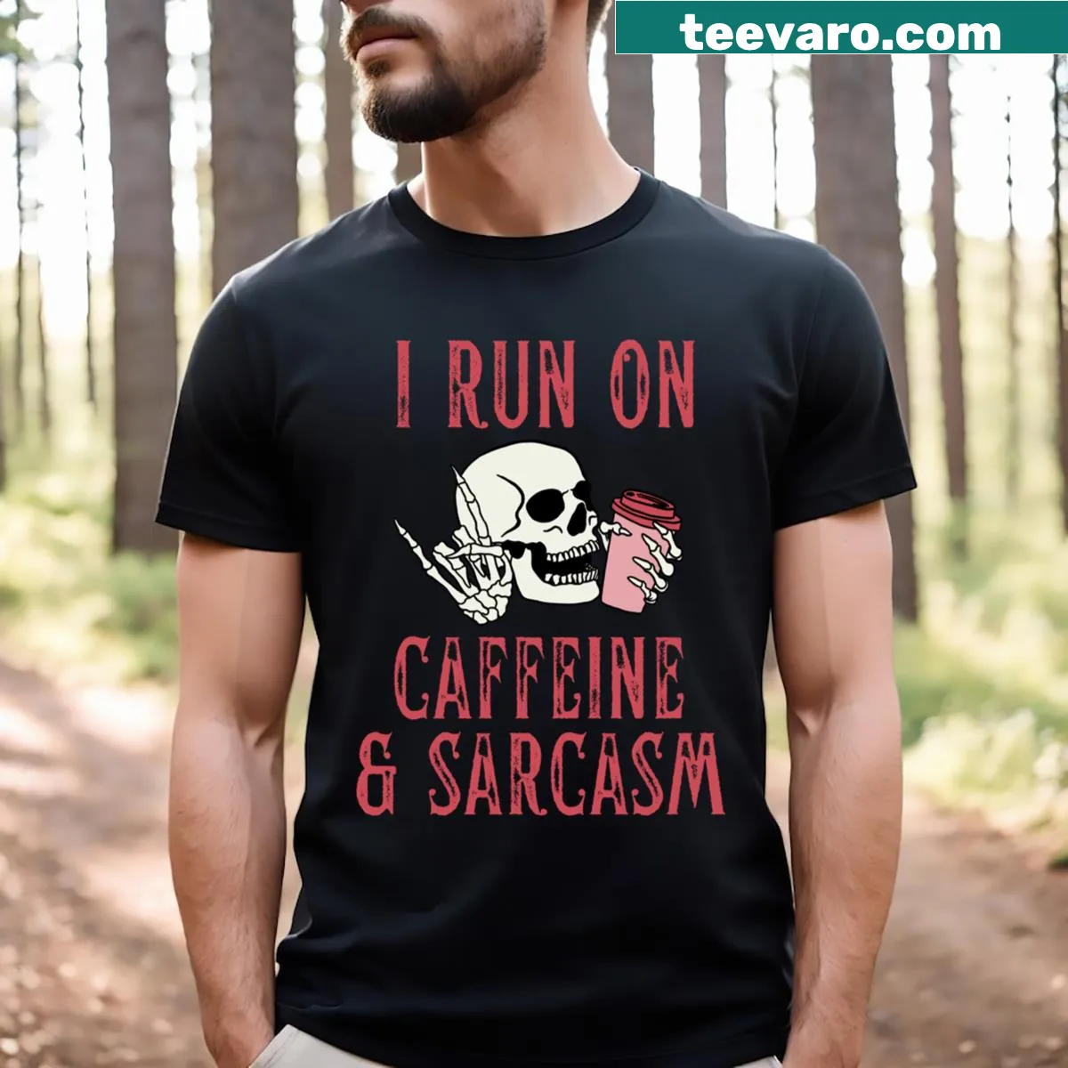 Funny skeleton coffee lover t-shirt with caffeine and sarcasm theme — on a men's t-shirt