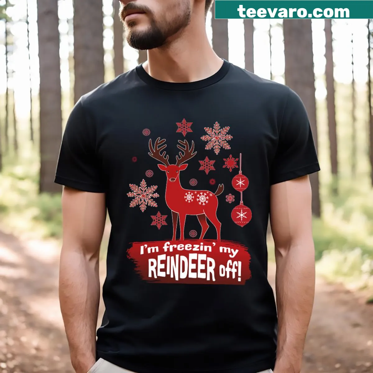 Funny winter t-shirt with reindeer pun text — on a men's t-shirt