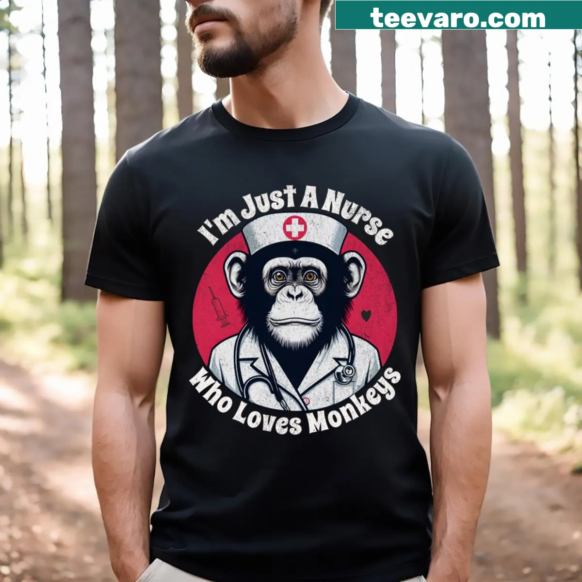 Funny nurse t-shirt with monkey graphic and text — on a men's t-shirt