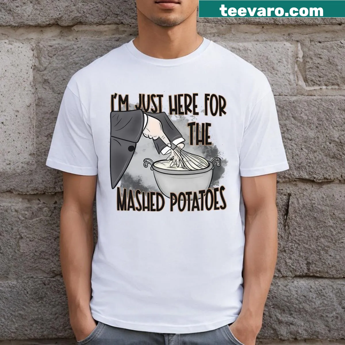 Cute Thanksgiving t-shirt with mashed potatoes themed text — on a men's t-shirt