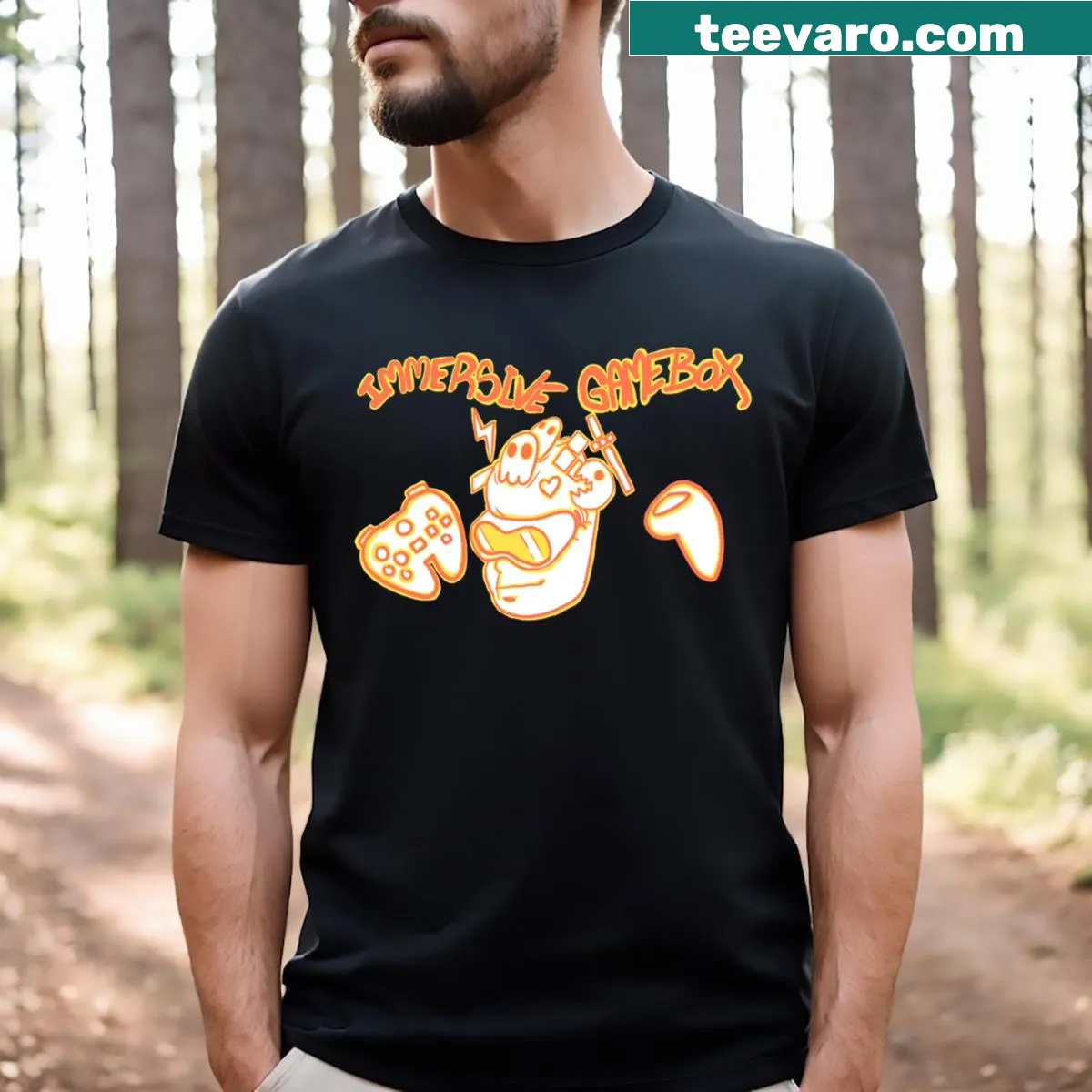 T-shirt featuring a playful gaming-themed graphic design — on a men's t-shirt