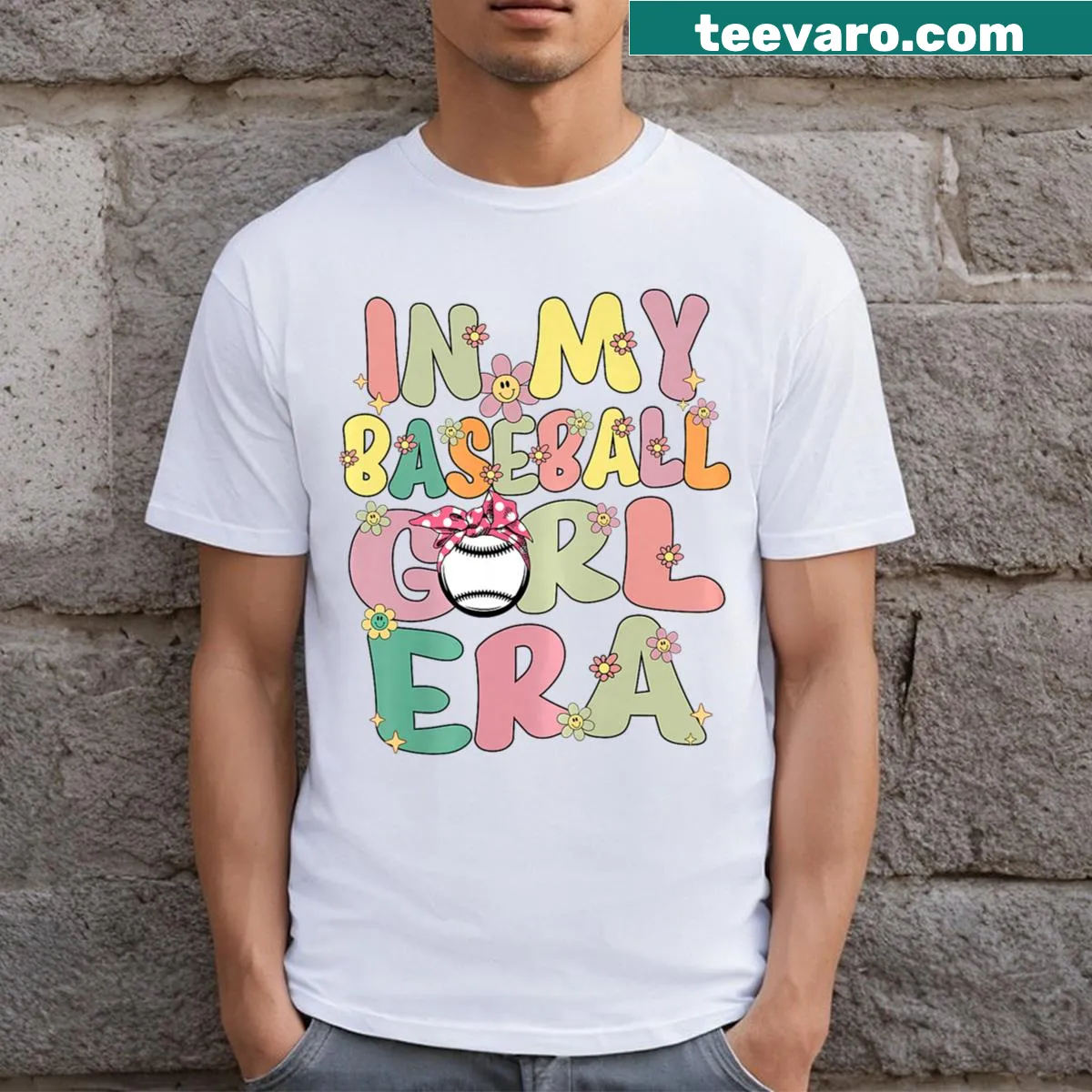 Retro baseball girl t-shirt with groovy font — on a men's t-shirt