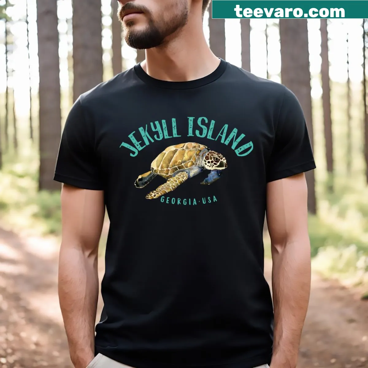 Illustrated sea turtle design t-shirt inspired by Jekyll Island. — on a men's t-shirt