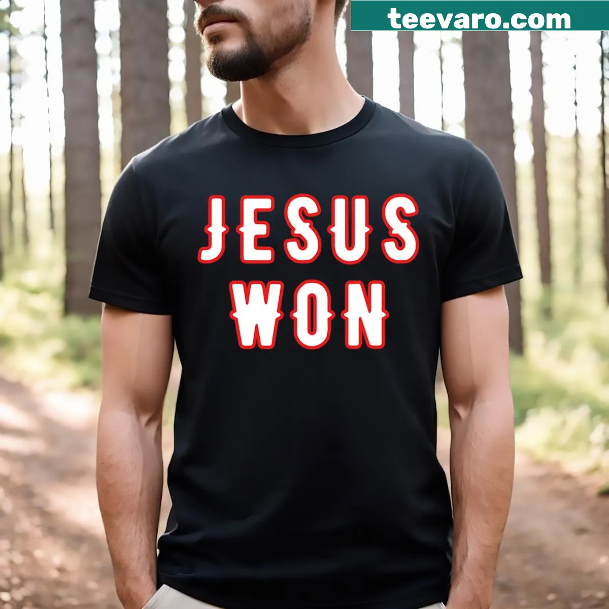 Bold typography T-shirt stating 'Jesus Won Texas' — on a men's t-shirt