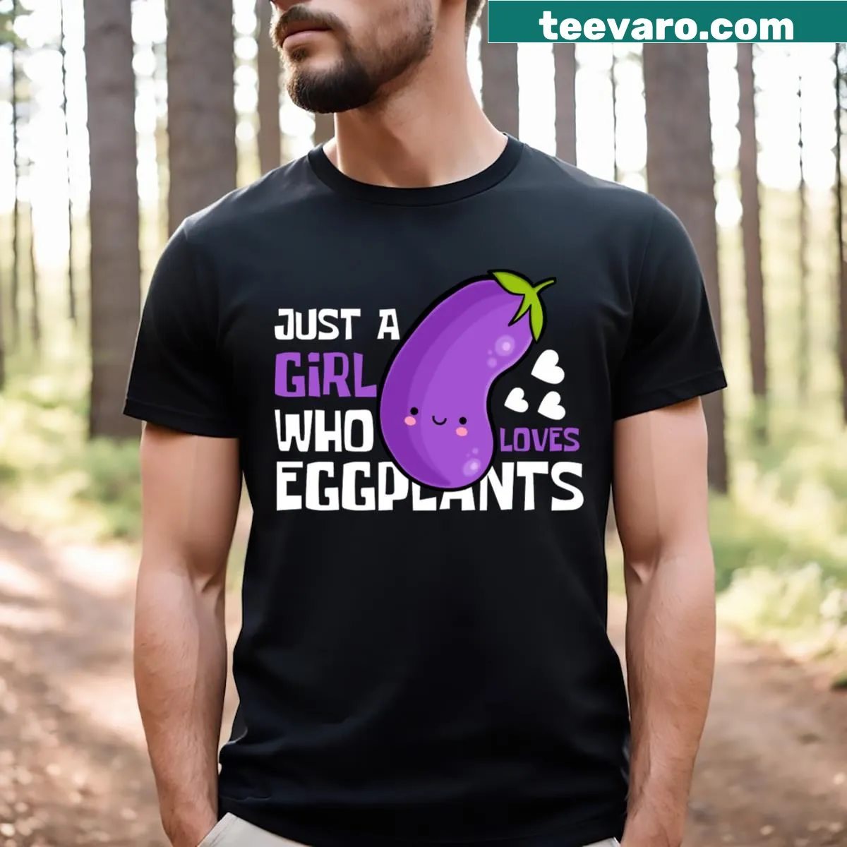 Cute cartoon eggplant design t-shirt for food lovers. — on a men's t-shirt