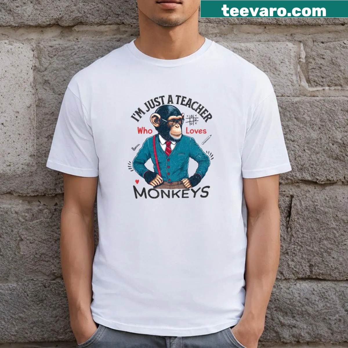 Funny teacher T-shirt featuring monkeys design — on a men's t-shirt