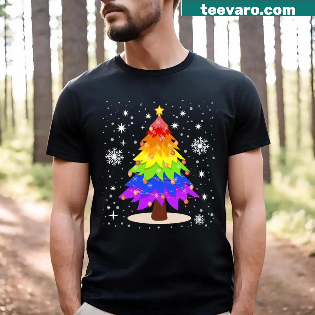 Christmas tree decorated with LGBT flag colors — on a men's t-shirt
