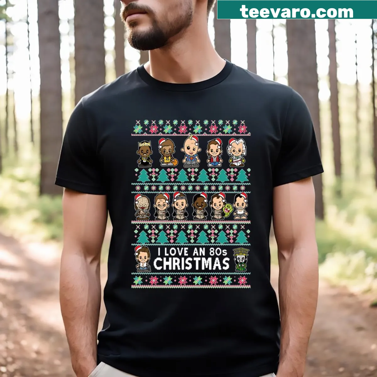 Retro-style 80s Christmas Jumper T-shirt with whimsical holiday design — on a men's t-shirt