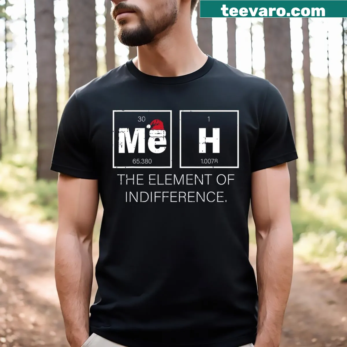 Christmas T-shirt with 'Meh' in periodic table style — on a men's t-shirt