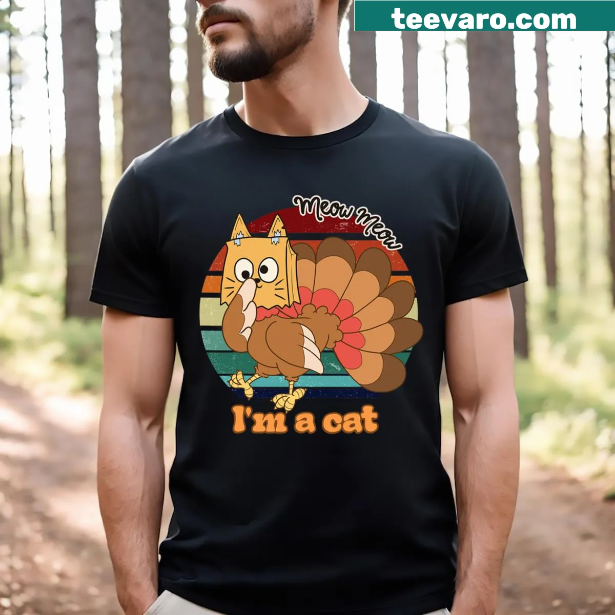 Funny Thanksgiving shirt with cat-themed turkey design — on a men's t-shirt