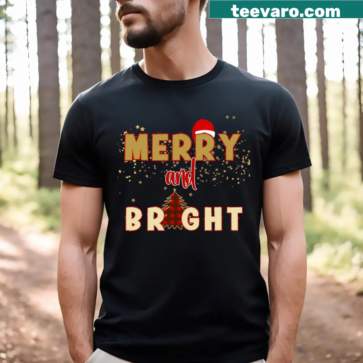 Holiday T-shirt with 'Merry and Bright' text and festive illustrations — on a men's t-shirt