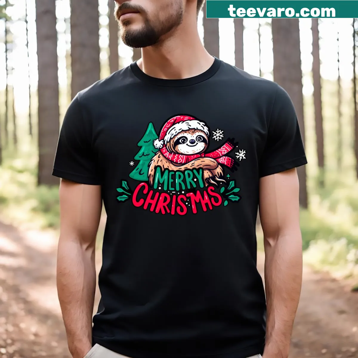 Whimsical Christmas sloth design on a funny holiday T-shirt — on a men's t-shirt