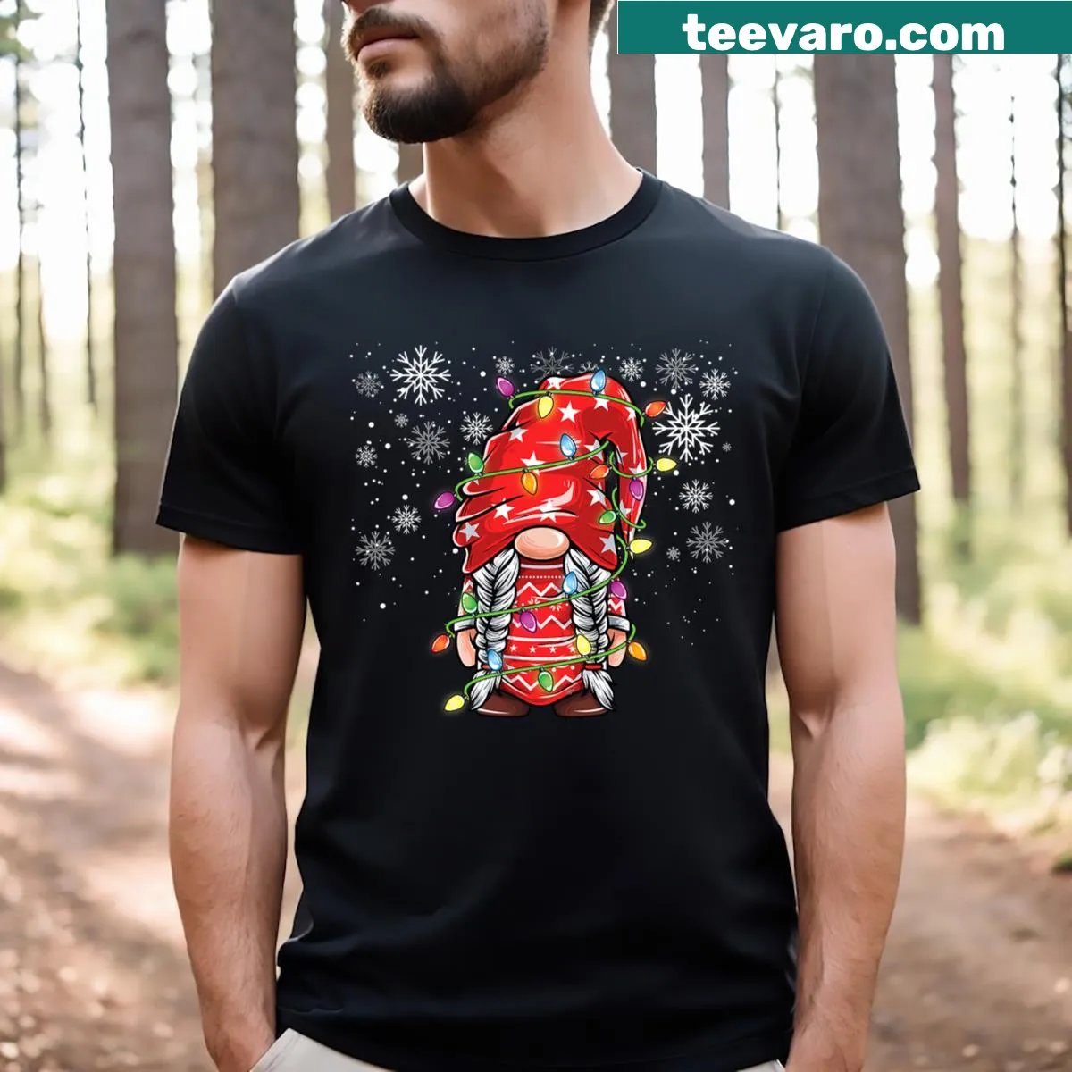 Family matching Christmas T-shirt featuring Mom Gnome illustration — on a men's t-shirt