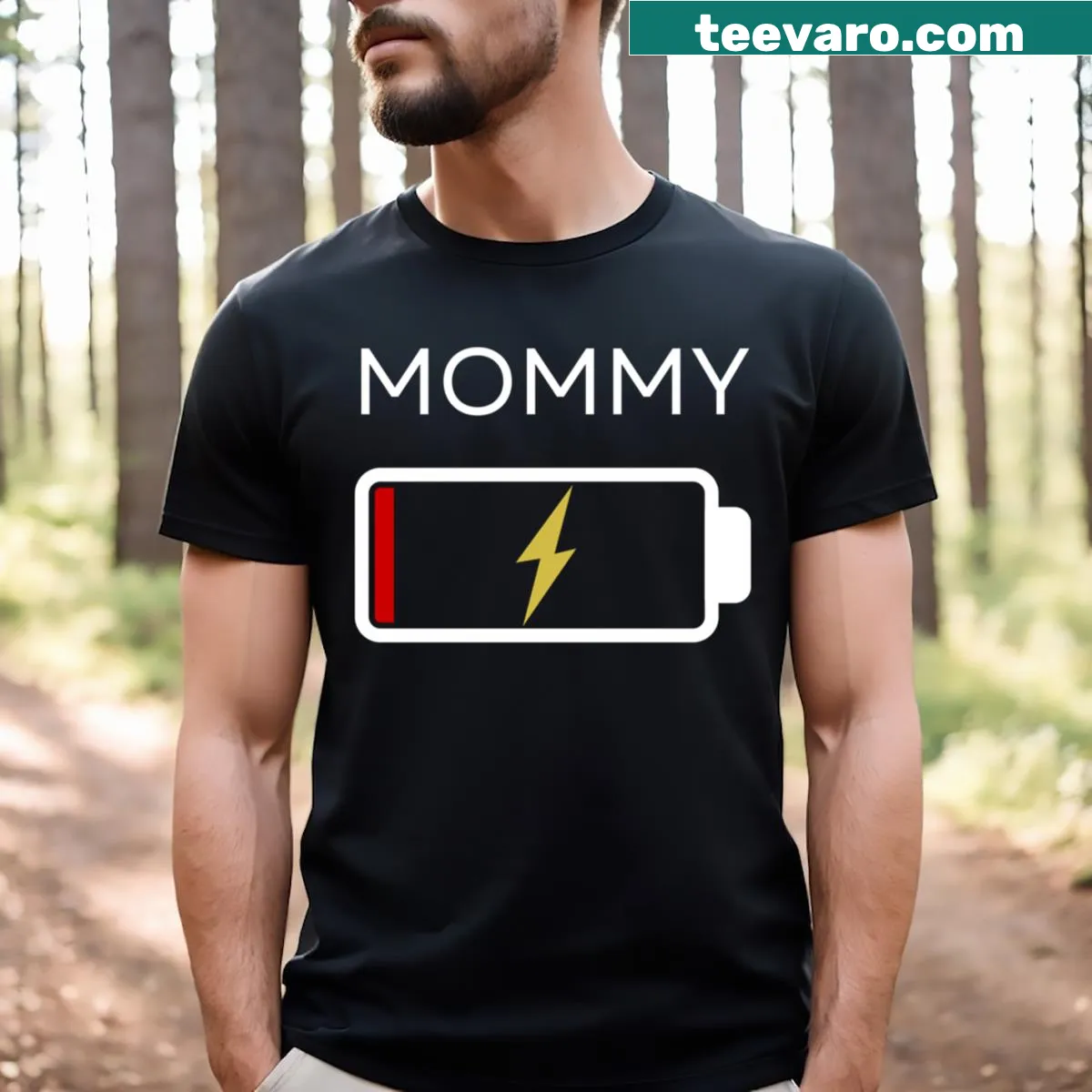 Funny T-shirt with 'Mommy Battery Low' graphic for moms — on a men's t-shirt