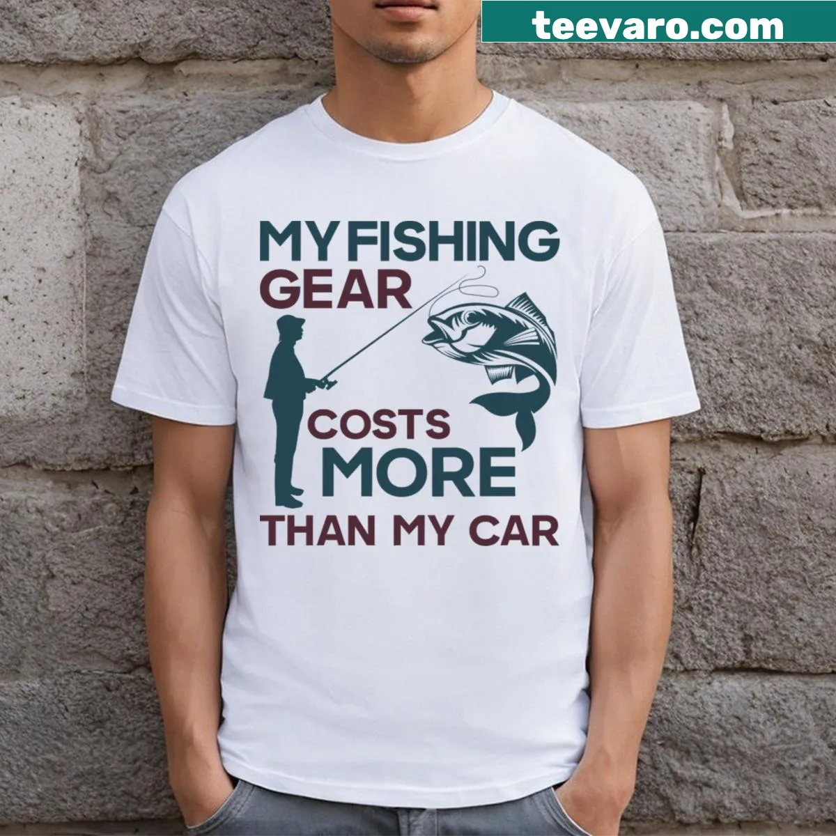 Funny fishing t-shirt claiming 'My Fishing Gear Cost More Than My Car' — on a men's t-shirt