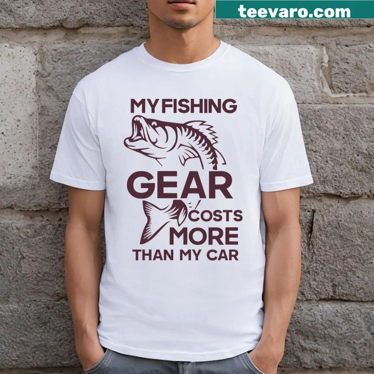 Funny fishing t-shirt with 'My Fishing Gear Cost More Than My Car' text — on a men's t-shirt