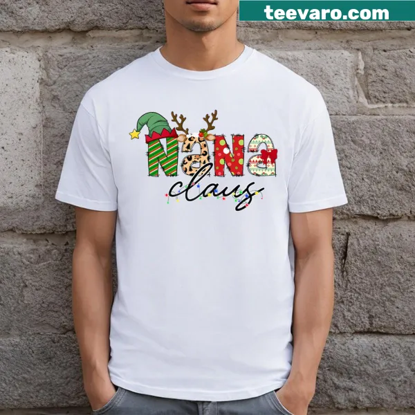 Whimsical t-shirt featuring Nana Claus and festive elements