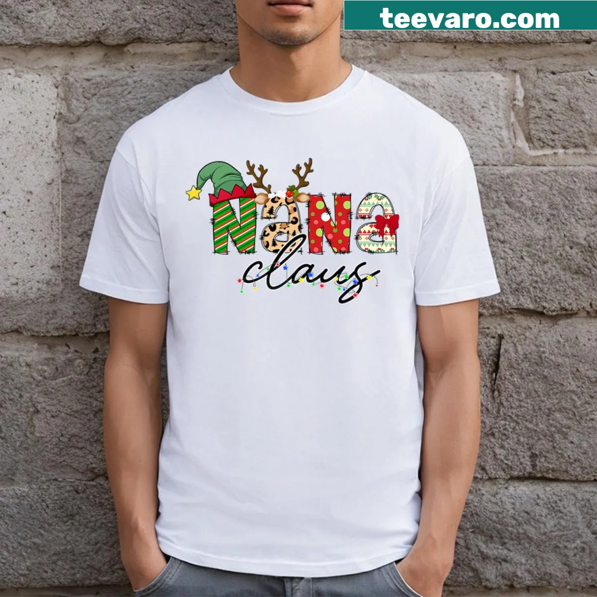 Whimsical t-shirt featuring Nana Claus and festive elements — on a men's t-shirt