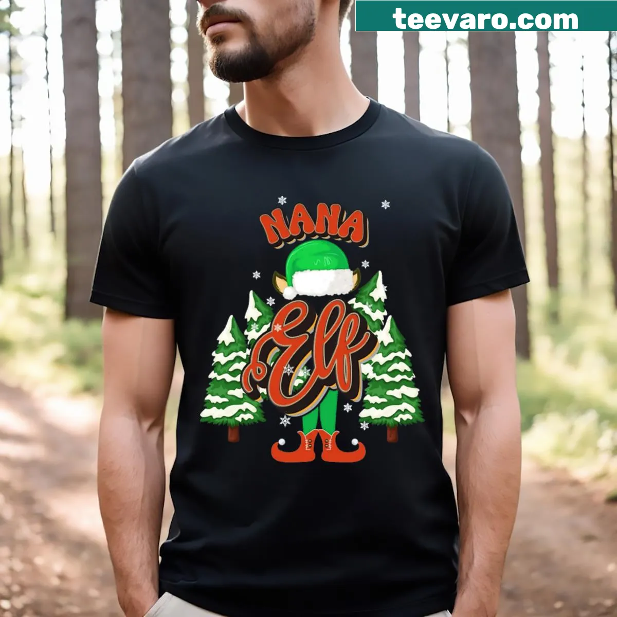 Nana Elf graphic t-shirt with playful Christmas-themed illustration — on a men's t-shirt