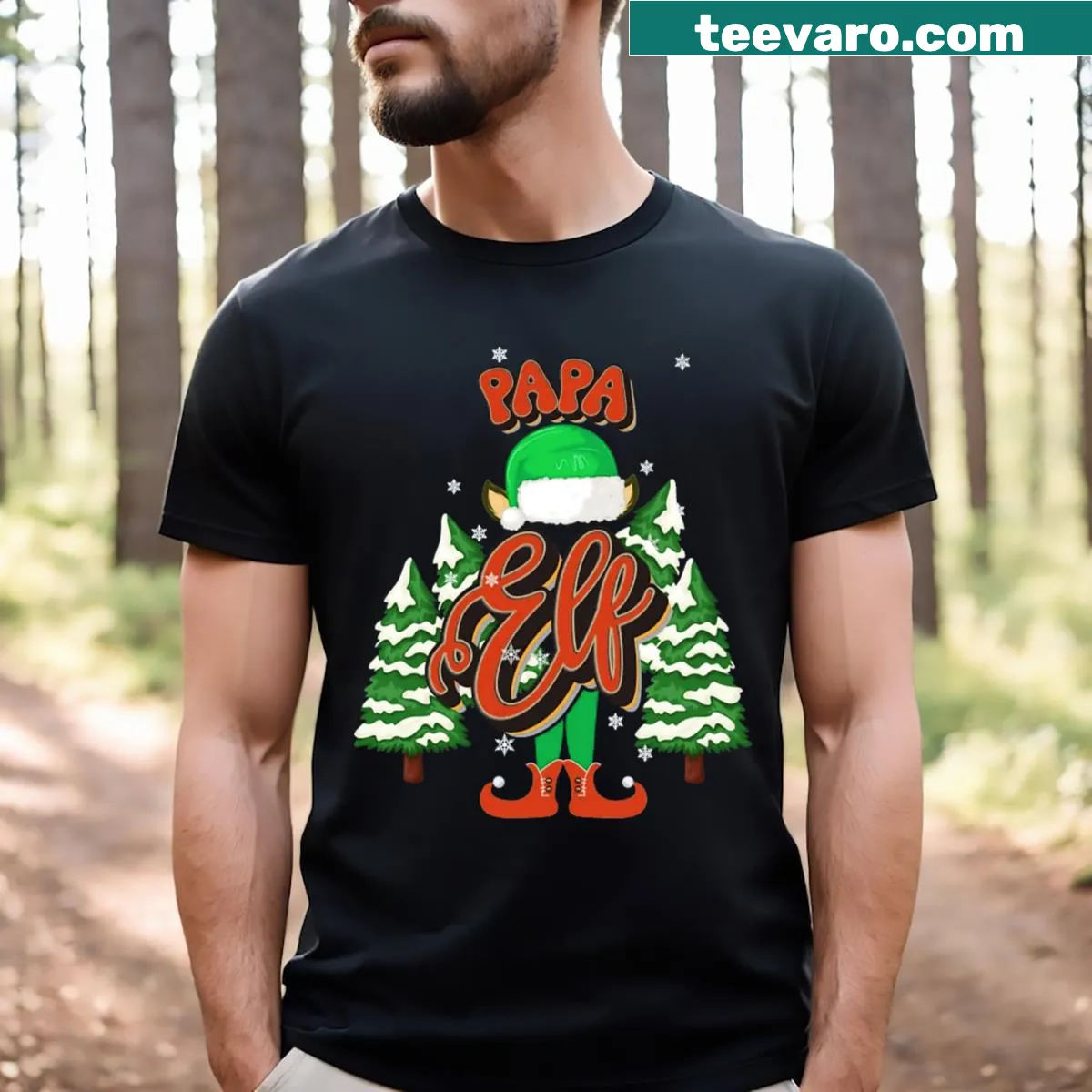 Christmas t-shirt with 'Papa Elf' text and festive graphics — on a men's t-shirt