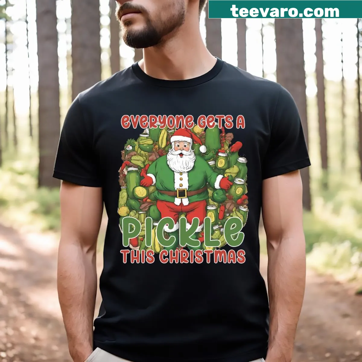 Playful pickle Santa design on a Christmas gift T-shirt — on a men's t-shirt