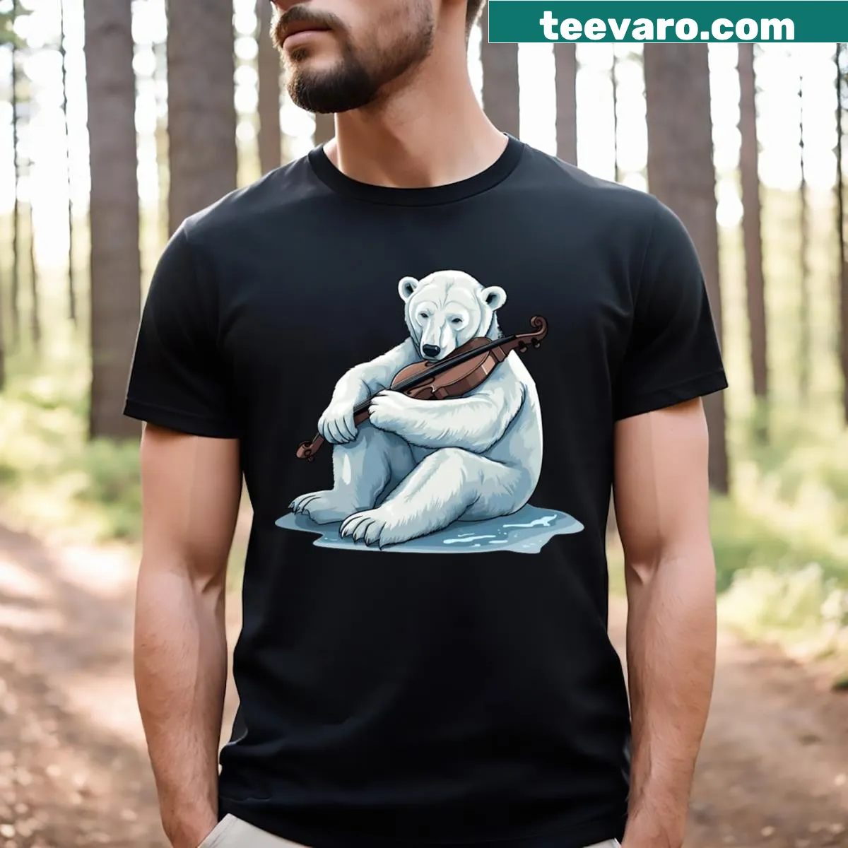 Polar bear illustration playing violin on T-shirt — on a men's t-shirt