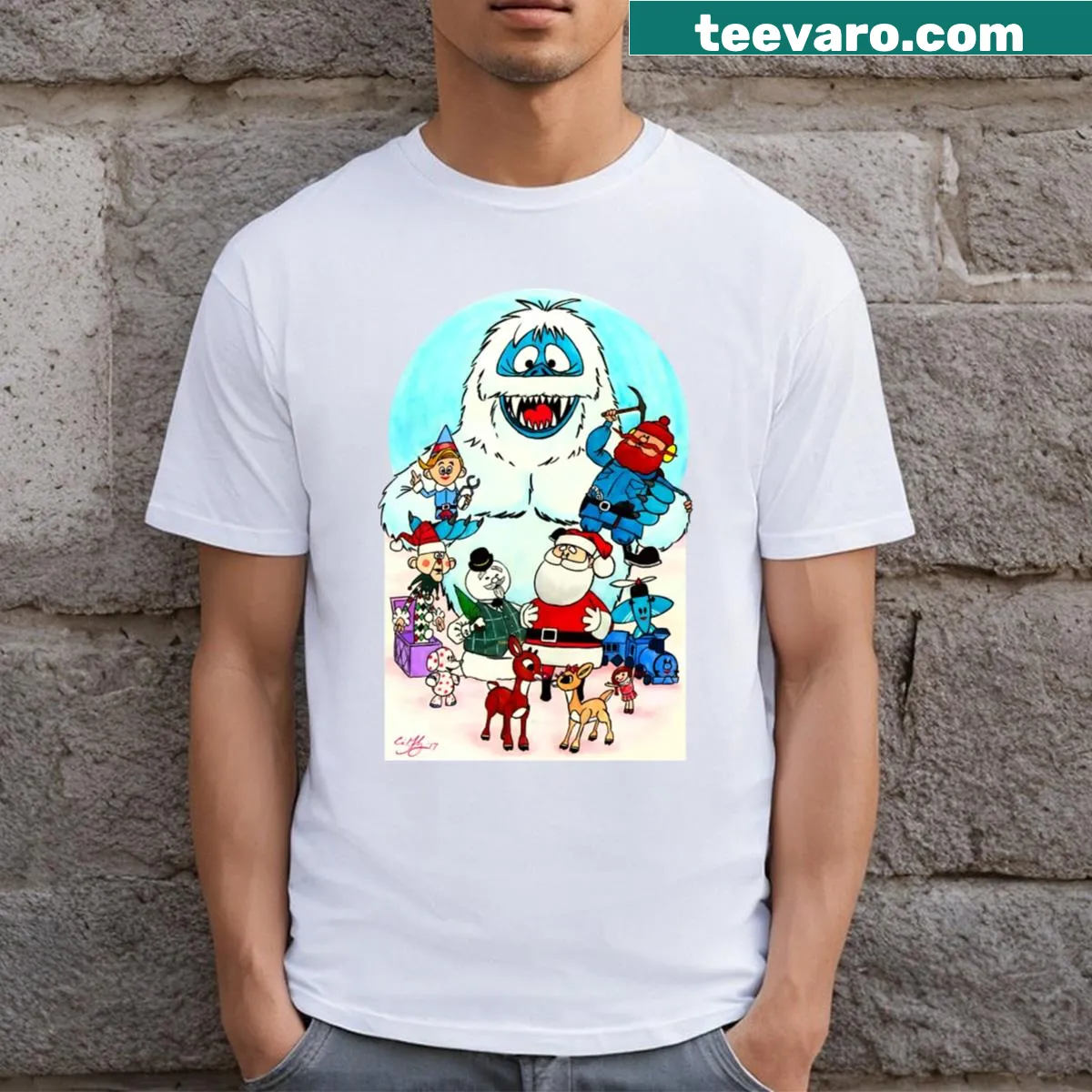Whimsical illustration of Rudolph with family for Christmas — on a men's t-shirt