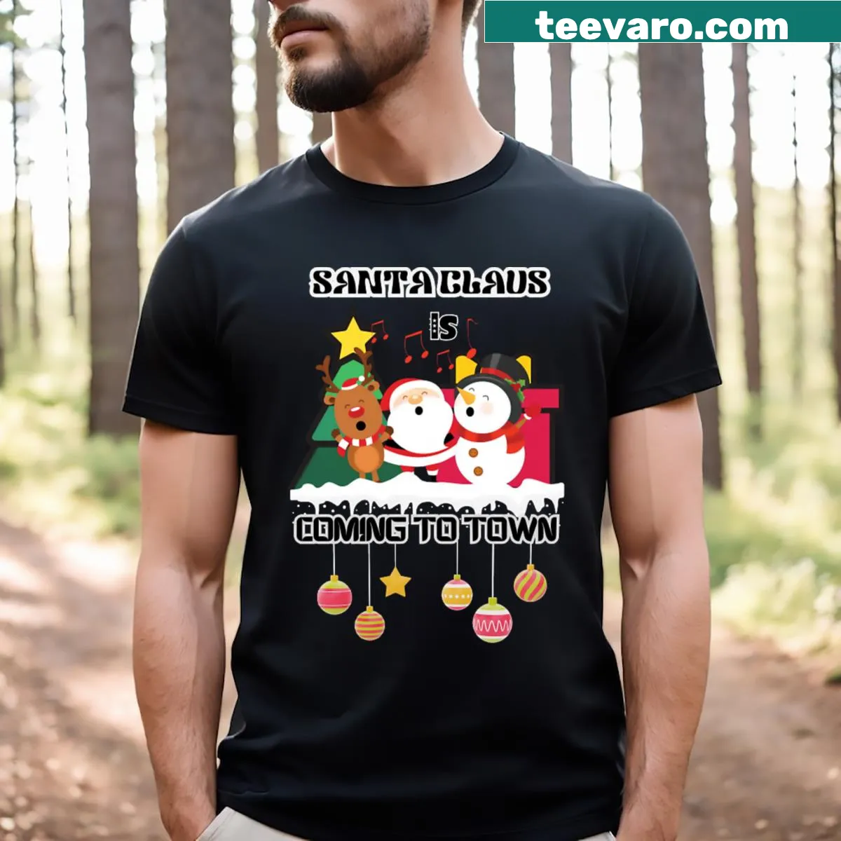T-shirt featuring the phrase Santa Claus Coming To Town in festive font — on a men's t-shirt