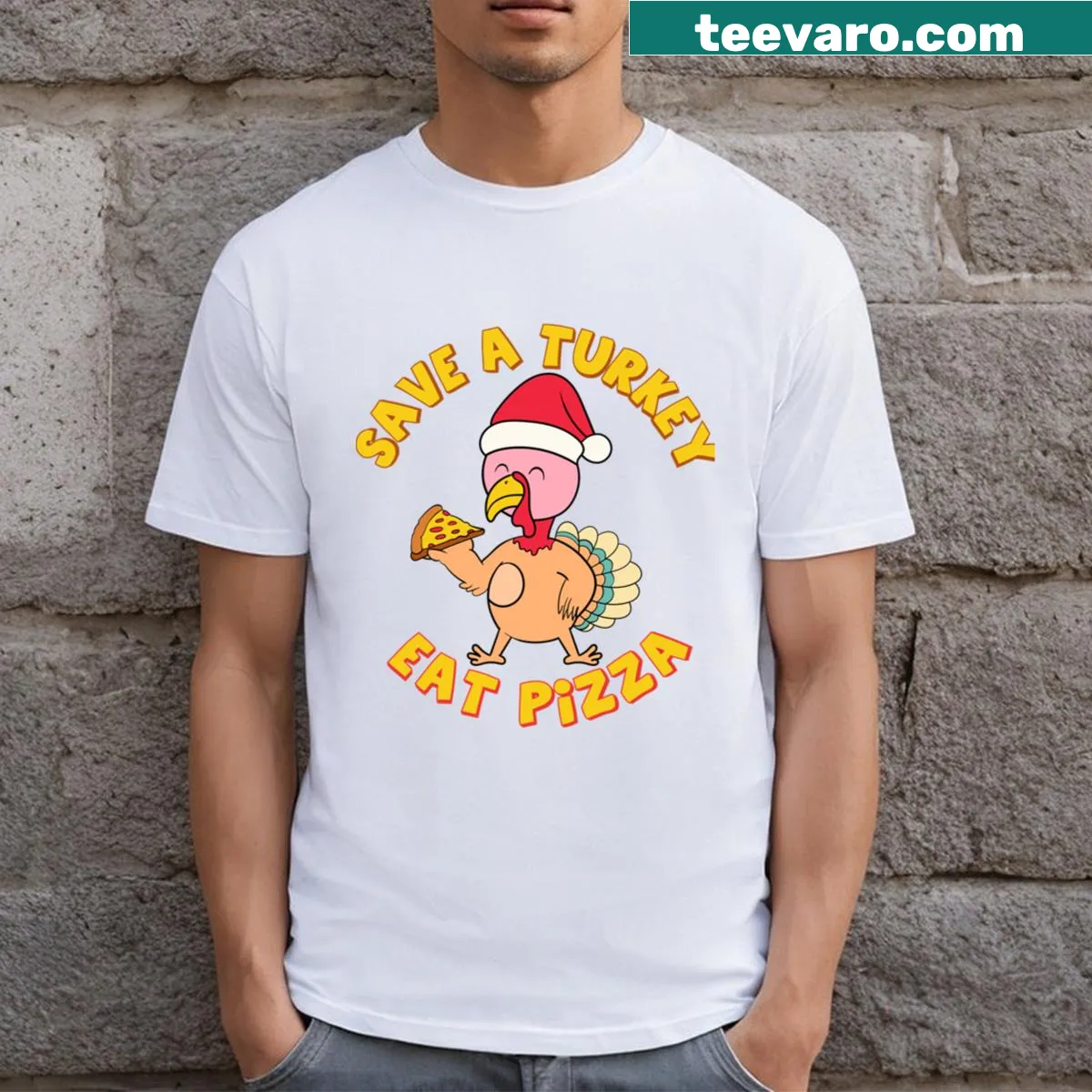 Funny Save a Turkey Eat Pizza design for vegans — on a men's t-shirt