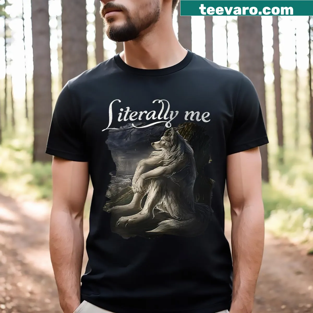 Funny T-shirt featuring the sitting wolf meme graphic. — on a men's t-shirt
