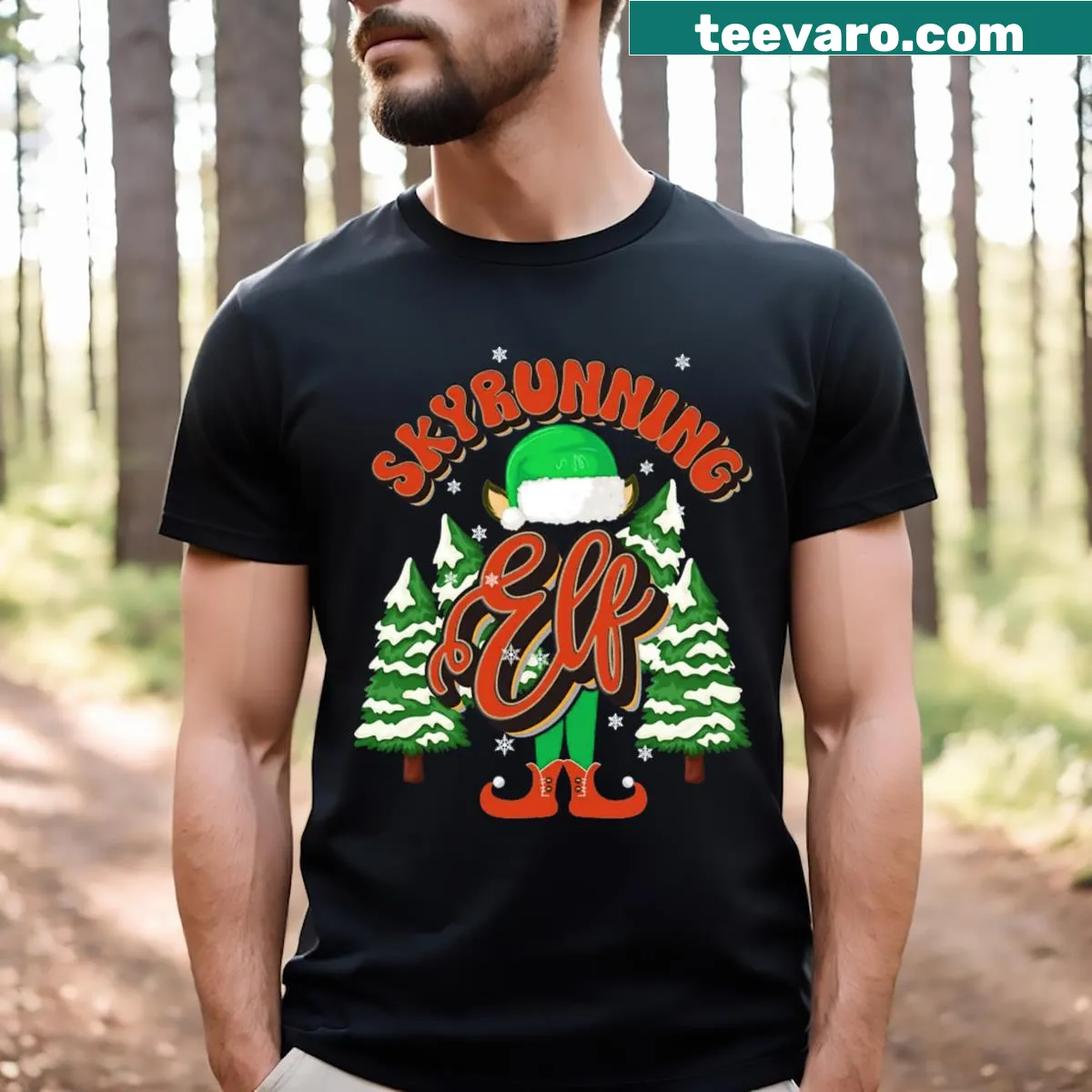 Playful Christmas T-shirt with skyrunning elf graphic — on a men's t-shirt