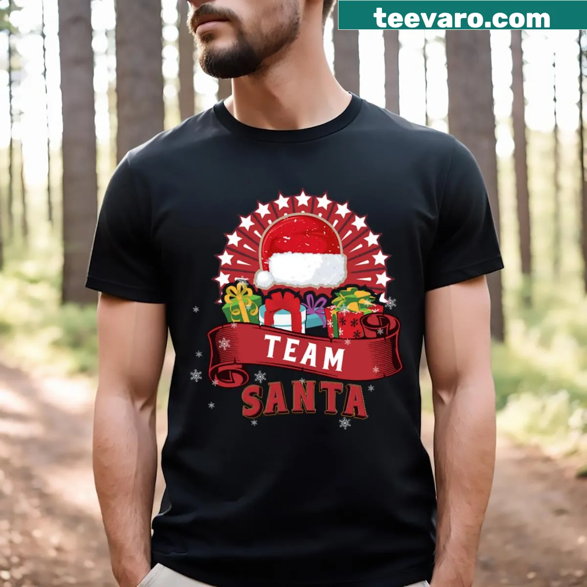 Christmas T-shirt featuring a joyful Team Santa design for families — on a men's t-shirt