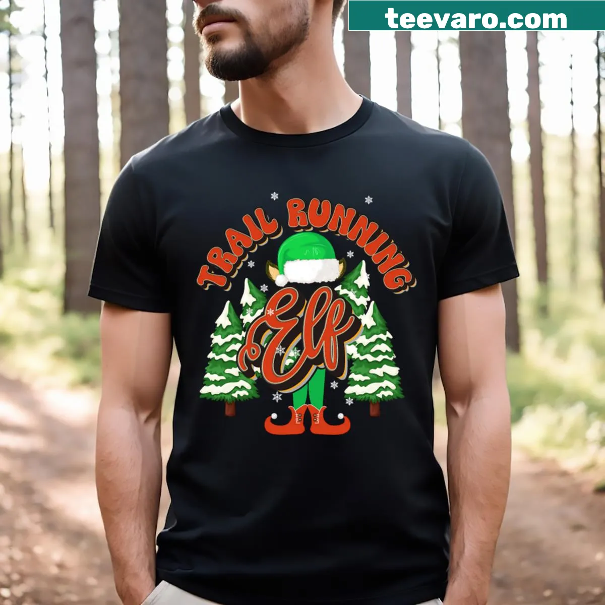 Trail running elf t-shirt for Christmas celebrations — on a men's t-shirt