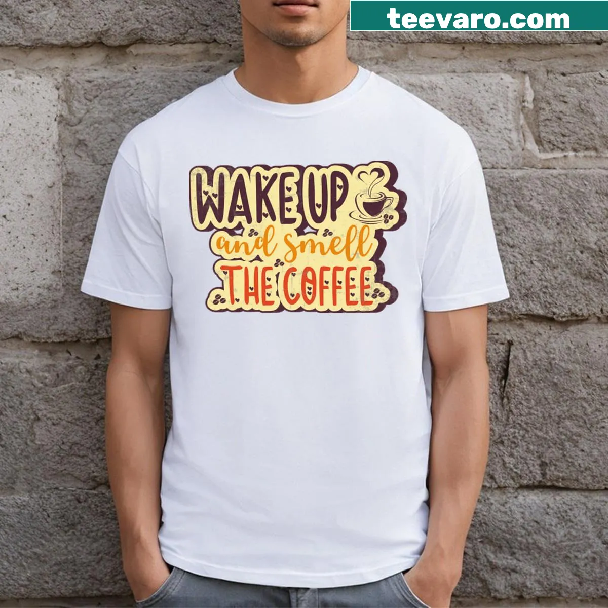 Typography design saying wake up and smell the coffee — on a men's t-shirt
