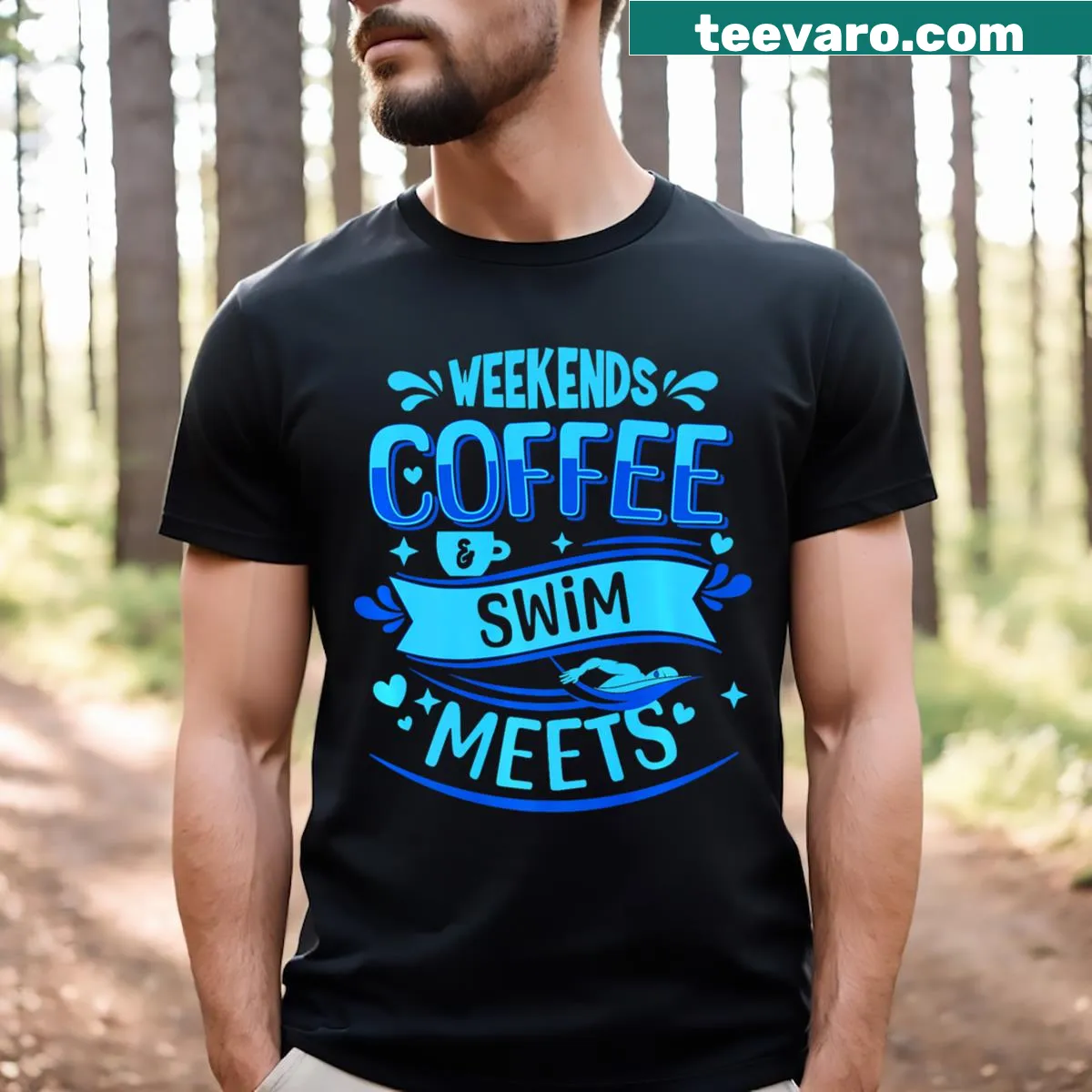 Graphic celebrating love for coffee and swimming — on a men's t-shirt