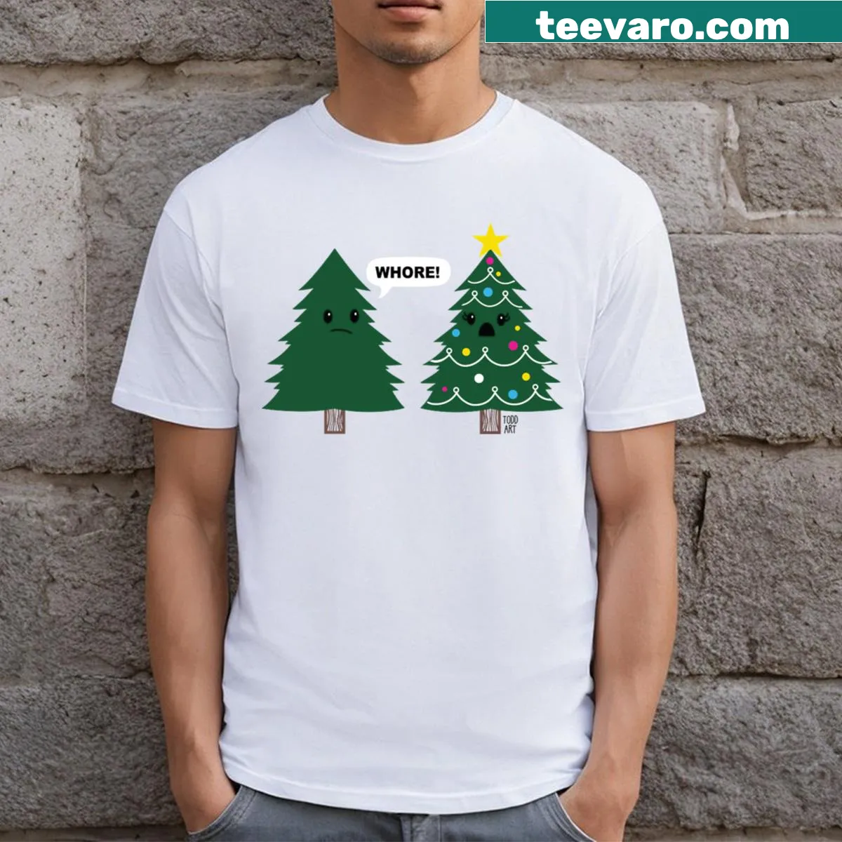 Humorous Christmas themed t-shirt with playful text — on a men's t-shirt
