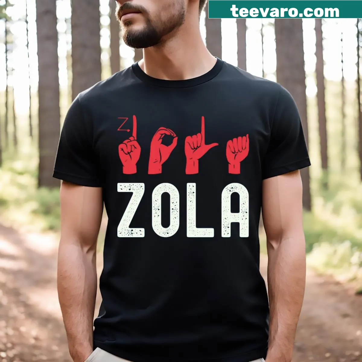Personalized ASL t-shirt with the name Zola in hand sign language — on a men's t-shirt